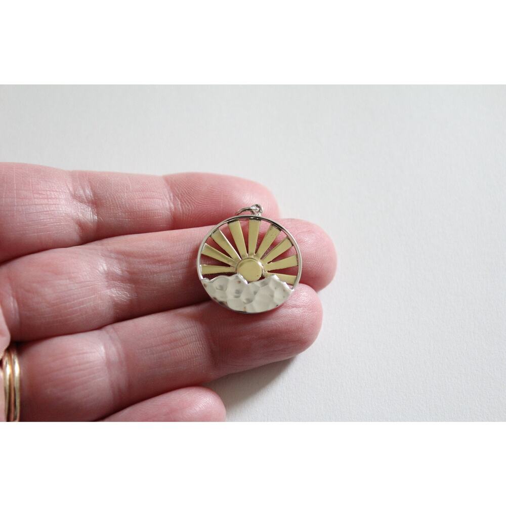 Sterling Silver Mountain Sunrise With Bronze Sun Charm, Mountain Range Pendant